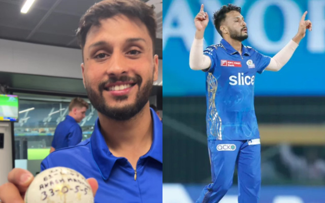 IPL 2023 Akash Madhwal smiles in elation after receiving Eliminator match ball in dressing room Mumbai Indians share clip