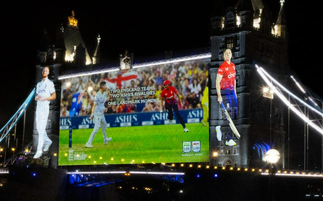 England captains Ben Stokes and Heather Knight projected onto Tower Bridge ahead of Ashes summer